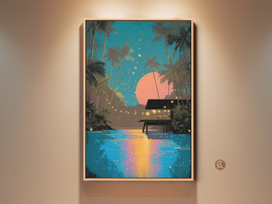 Retro tropical canvas art print featuring a night scene with palm trees and a beach hut. Teal and pink hues create a vaporwave aesthetic. This boho coastal wall decor is perfect for travel lovers looking for island paradise artwork.