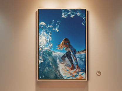 Framed artwork of a surfer girl riding a wave. She is wearing sunglasses and a long-sleeve swimsuit. The water is crystal clear and blue. This framed canvas is ready to hang art.
