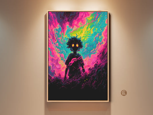 Neon artwork featuring a child with glowing eyes. The artwork has vibrant colors. It is a framed piece hanging on a wall. It will add a pop of color to any room. A unique art piece for home decor.