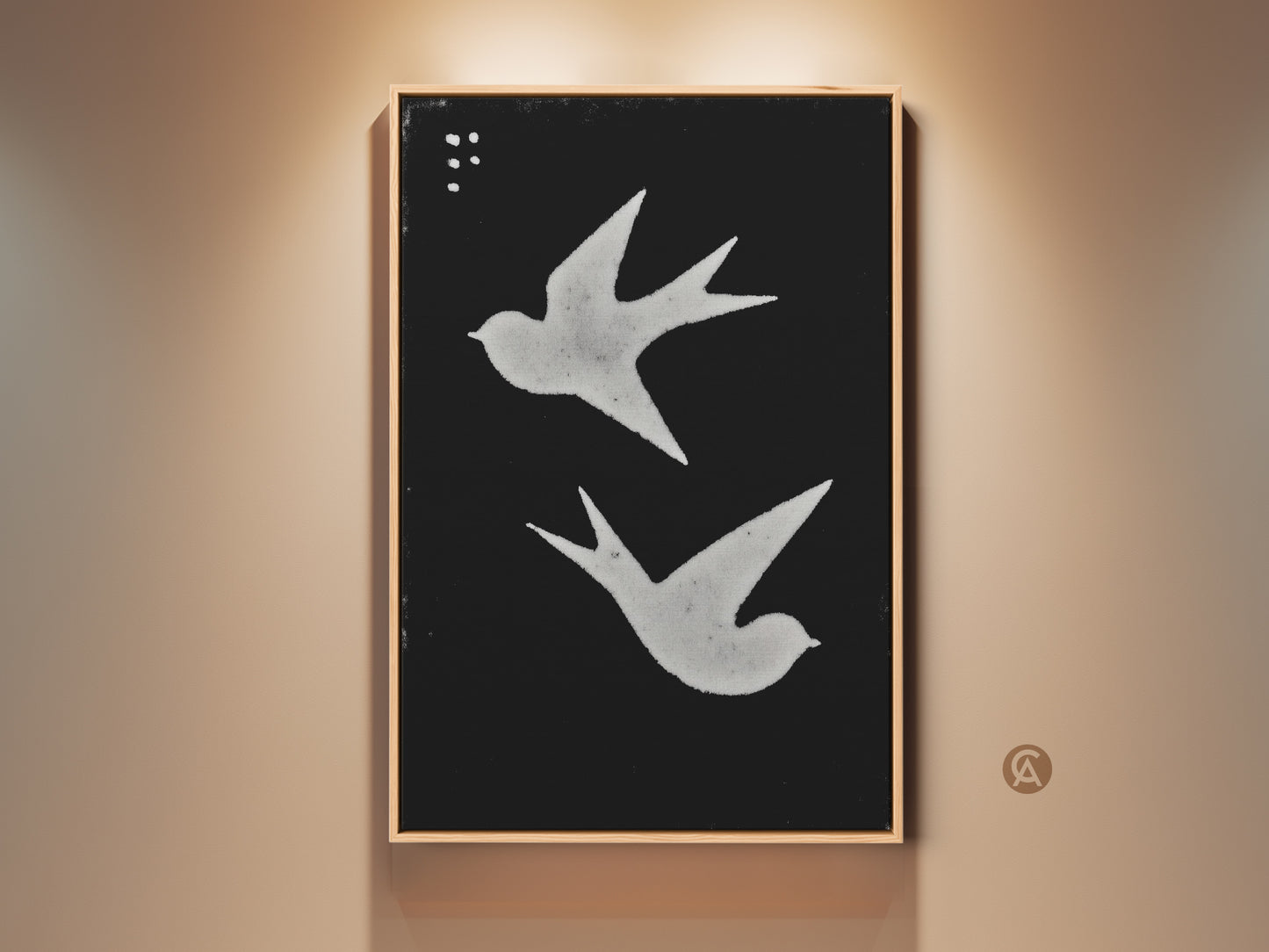Minimalist black and white bird art print. Features abstract swallows wall art. A Scandinavian poster enhances bedroom and living room decor. The black background contrasts with white bird silhouettes. Perfect modern folk art for nature lovers.