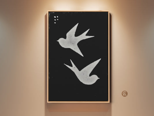 Minimalist black and white bird art print. Features abstract swallows wall art. A Scandinavian poster enhances bedroom and living room decor. The black background contrasts with white bird silhouettes. Perfect modern folk art for nature lovers.