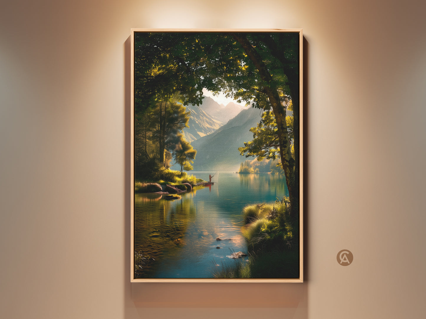 Framed landscape artwork featuring a fisherman on a serene lake. The art captures the golden light filtering through trees. Distant mountains add depth to this framed print. Perfect wall art for nature lovers.