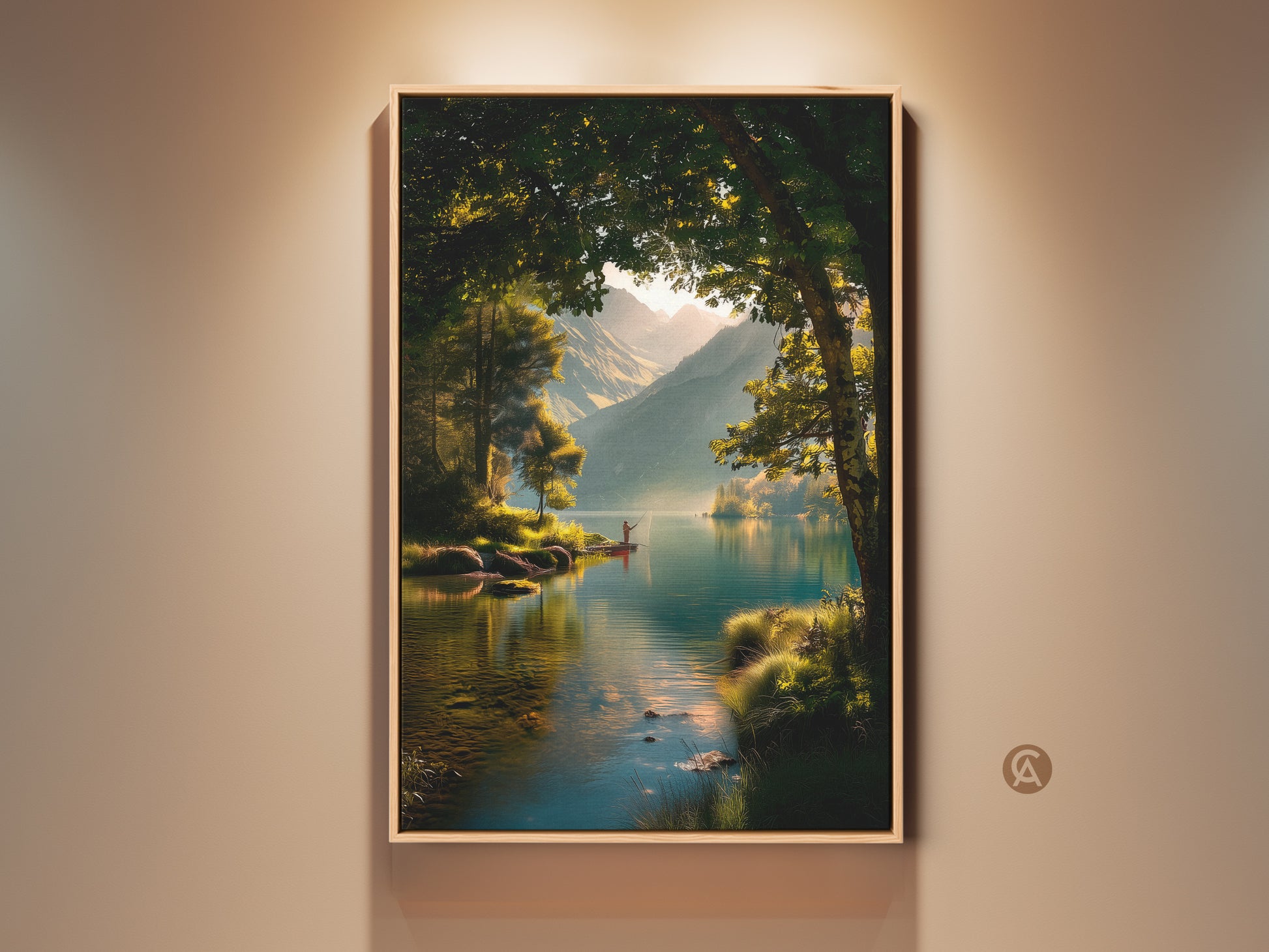 Framed landscape artwork featuring a fisherman on a serene lake. The art captures the golden light filtering through trees. Distant mountains add depth to this framed print. Perfect wall art for nature lovers.