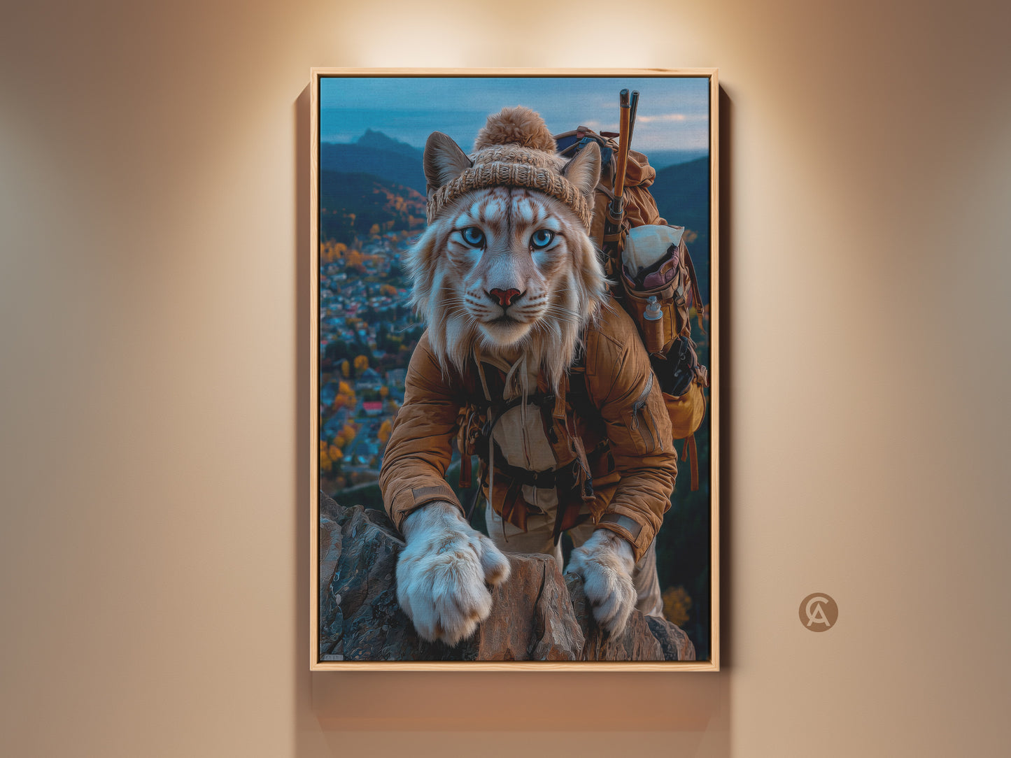 Blue Eyed Lynx Canvas Art. This unique artwork features a mountain explorer cat. He is ready for adventure in an eclectic style. The rustic cabin wall decor brings a whimsical touch. This canvas art is great for animal lovers and nature enthusiasts. It makes a perfect housewarming gift or a unique addition to any art collection