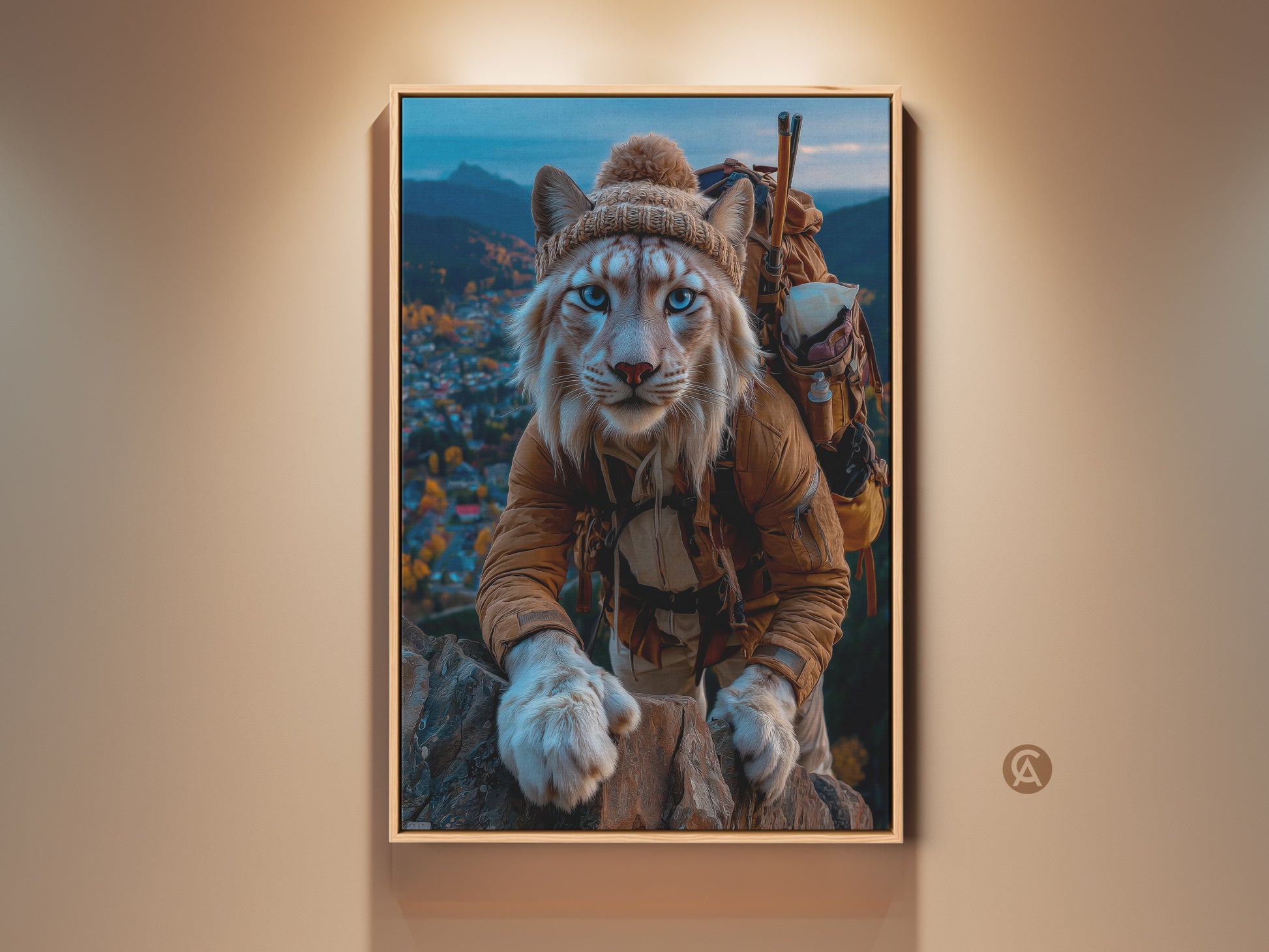 Blue Eyed Lynx Canvas Art. This unique artwork features a mountain explorer cat. He is ready for adventure in an eclectic style. The rustic cabin wall decor brings a whimsical touch. This canvas art is great for animal lovers and nature enthusiasts. It makes a perfect housewarming gift or a unique addition to any art collection