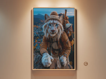 Blue Eyed Lynx Canvas Art. This unique artwork features a mountain explorer cat. He is ready for adventure in an eclectic style. The rustic cabin wall decor brings a whimsical touch. This canvas art is great for animal lovers and nature enthusiasts. It makes a perfect housewarming gift or a unique addition to any art collection