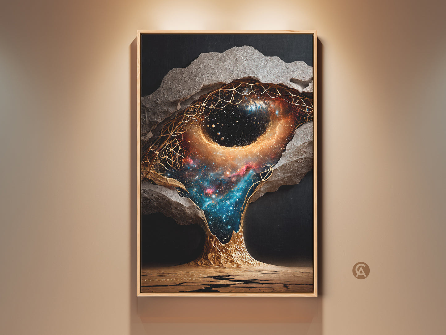 Framed cosmic nebula canvas print in an eclectic living space. This surreal abstract galaxy wall artwork features gold & blue space artwork. Perfect fantasy bedroom decor for sci-fi and stargazing fans.