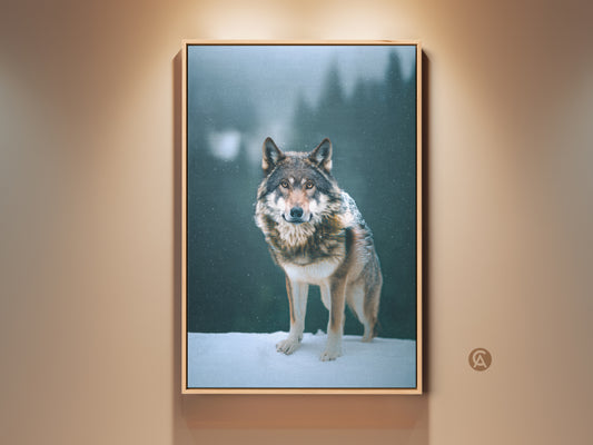 Photorealistic wolf canvas artwork. This rustic print features a majestic wolf in a snowy forest. Brown and gray tones enhance the wildlife decor. It's a perfect housewarming gift for wolf and nature enthusiasts. Add a touch of natural beauty to your home with this captivating wildlife print.