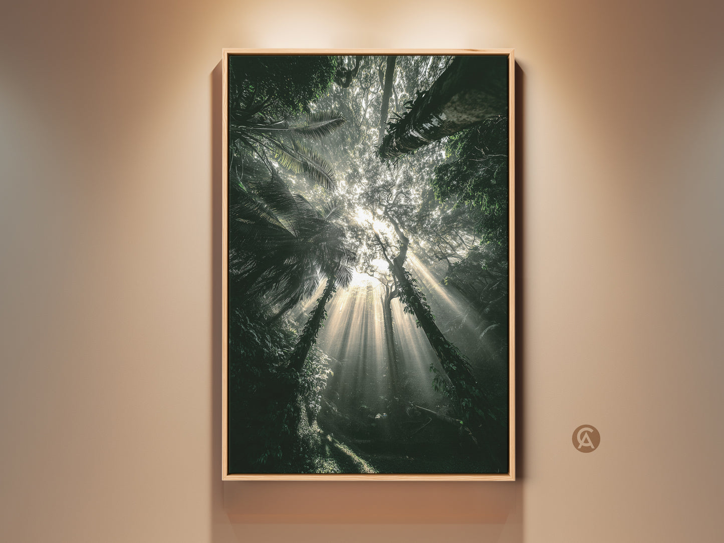 Photorealistic emerald forest canvas print. Sunbeams stream through deep green tropical foliage. This boho nature home decor brings an atmospheric jungle artwork to any space. Perfect as a nature lover housewarming gift.