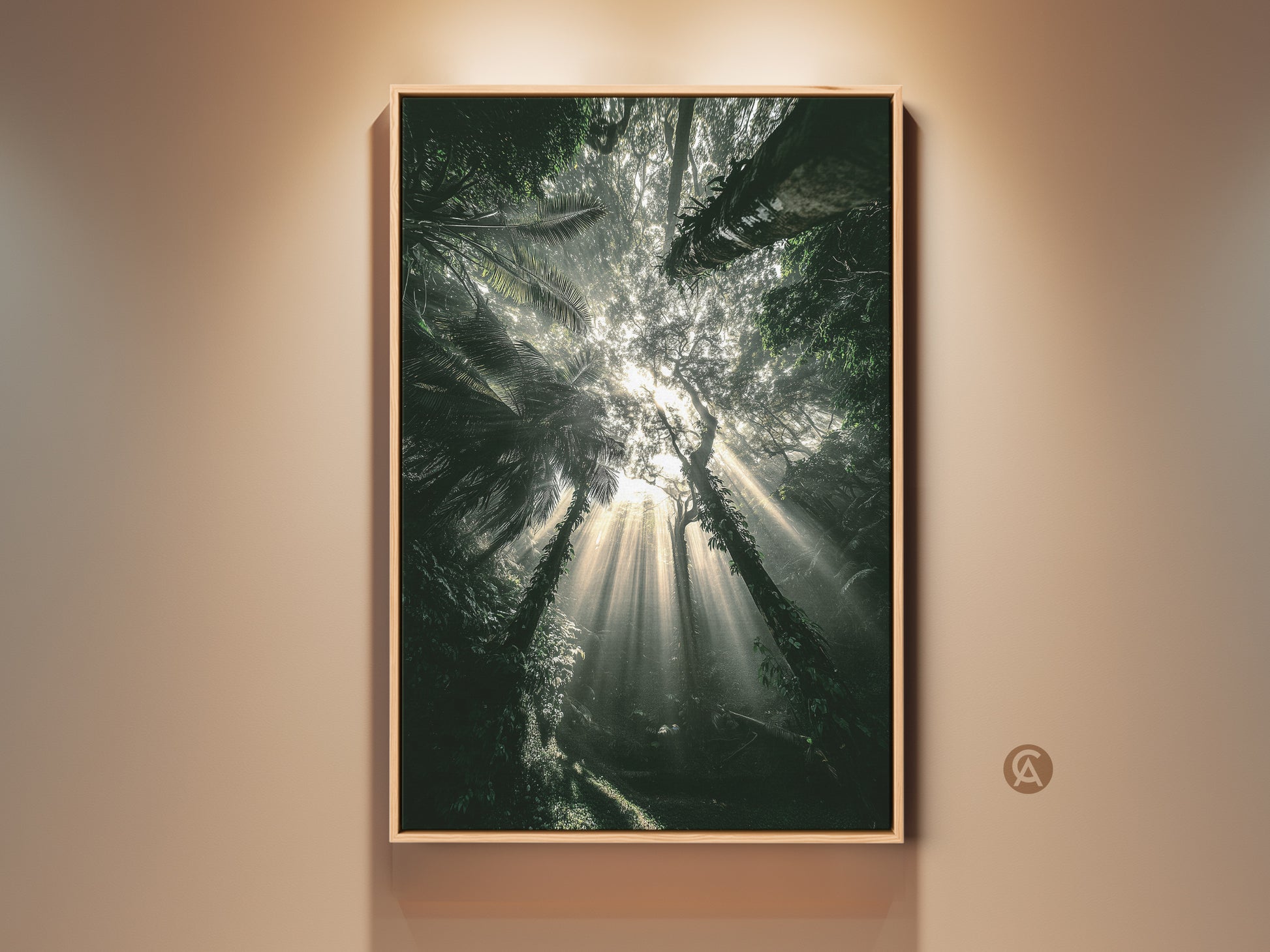 Photorealistic emerald forest canvas print. Sunbeams stream through deep green tropical foliage. This boho nature home decor brings an atmospheric jungle artwork to any space. Perfect as a nature lover housewarming gift.