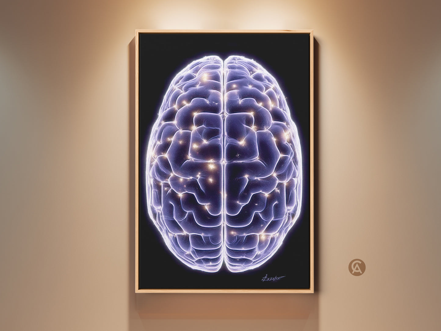 Science Brain art print on display. The abstract neuron canvas art piece has purple and blue colors. This digital artwork makes great office decor or a graduation gift. An intellectual piece.