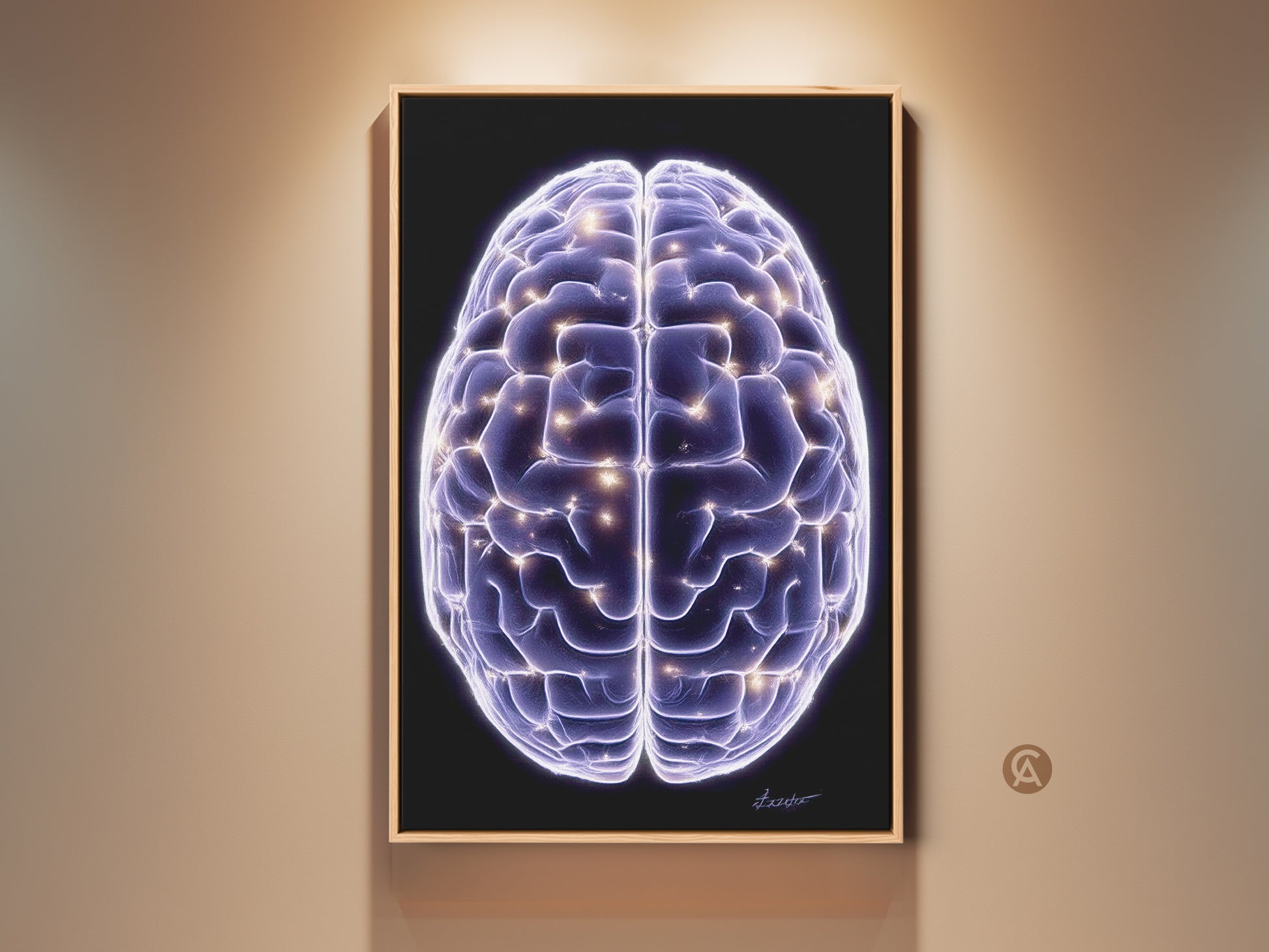 Science Brain art print on display. The abstract neuron canvas art piece has purple and blue colors. This digital artwork makes great office decor or a graduation gift. An intellectual piece.