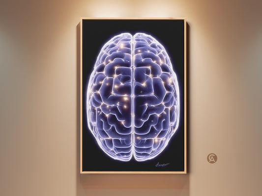 Science Brain art print on display. The abstract neuron canvas art piece has purple and blue colors. This digital artwork makes great office decor or a graduation gift. An intellectual piece.