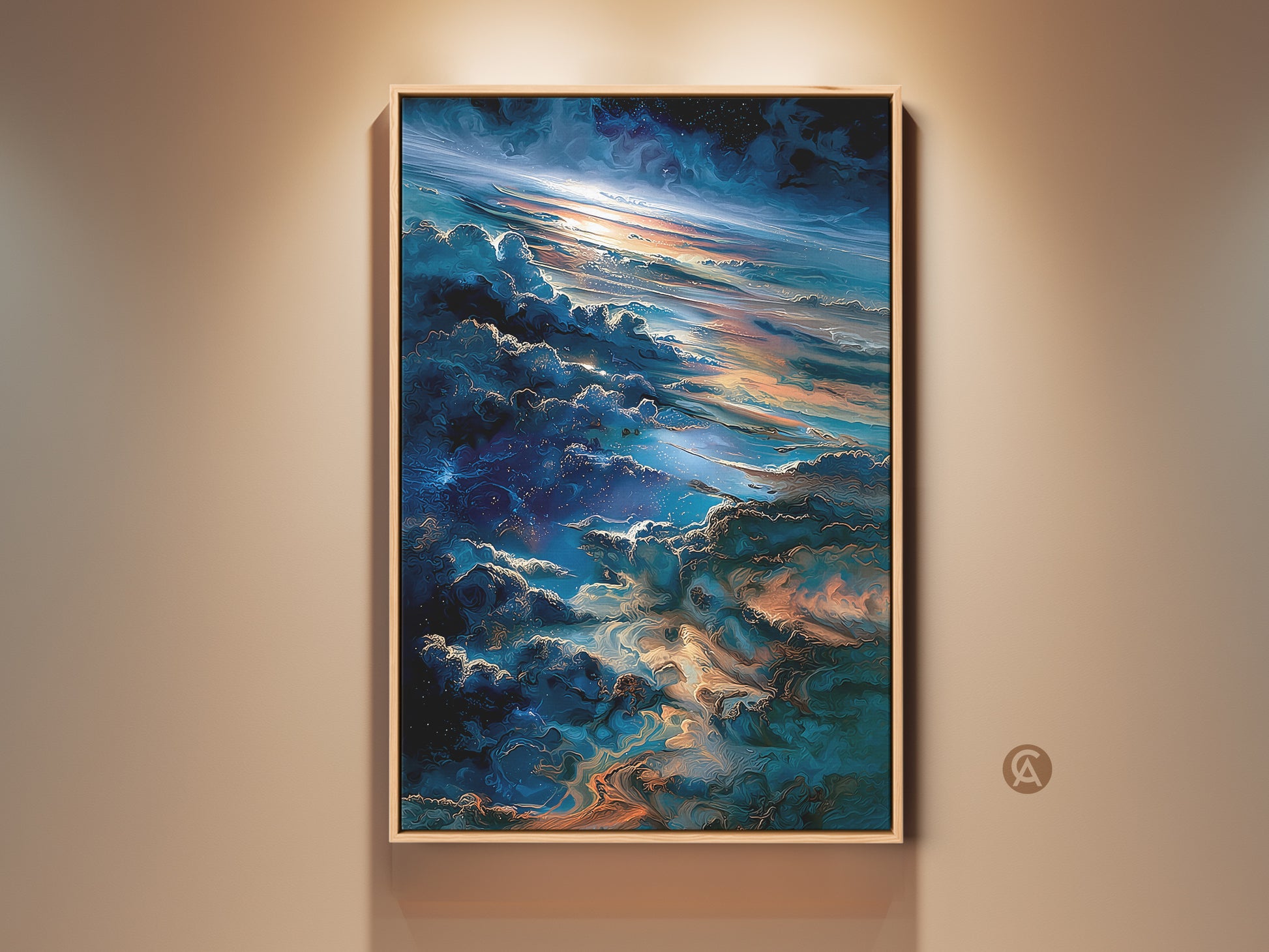Stunning framed artwork on a neutral wall. The art features a celestial skyscape. Clouds shimmer with gold and blue tones. A captivating piece for modern home decor. This framed canvas adds elegance to any room.