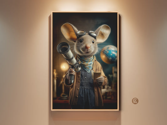 Vintage mouse explorer canvas print. This animal wall art features a mouse with a telescope. Eclectic study decor in tan and blue brings a whimsical touch. A unique office art piece that inspires adventure and curiosity.