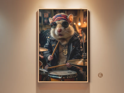 Framed rockabilly hamster drummer art print displayed against a neutral wall. The artwork features an animal in a leather jacket playing drums. It's an ideal retro music fan gift adding eclectic charm to any space. The tan and brown tones enhance its vintage appeal.