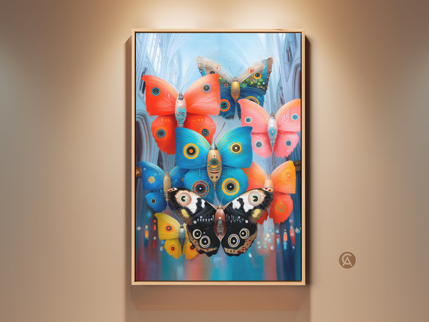 Surreal mechanical butterfly art print displayed in a frame. Ornate wings and a teal orange blue color scheme create an eclectic aesthetic. It makes a unique wall decor piece for art lovers.