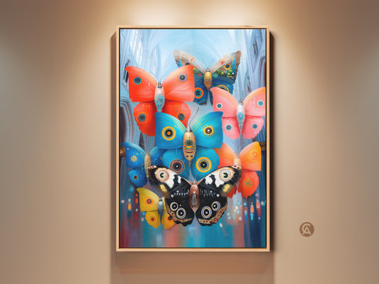 Surreal mechanical butterfly art print displayed in a frame. Ornate wings and a teal orange blue color scheme create an eclectic aesthetic. It makes a unique wall decor piece for art lovers.