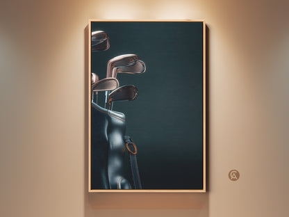 Elevate your space with golf art. This framed wall art captures a golf bag with clubs in a striking composition. The artwork is displayed in a oak frame. Perfect for golf enthusiasts add a touch of elegance to any room with this unique piece.