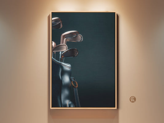 Elevate your space with golf art. This framed wall art captures a golf bag with clubs in a striking composition. The artwork is displayed in a oak frame. Perfect for golf enthusiasts add a touch of elegance to any room with this unique piece.