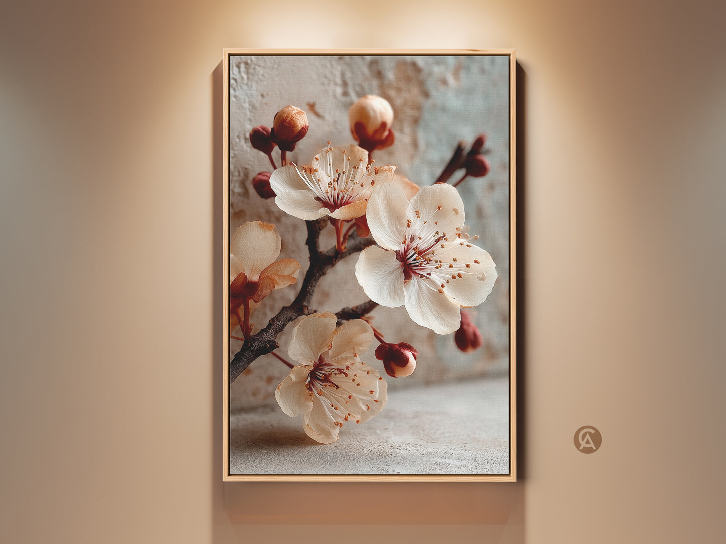 Framed cherry blossom canvas art in soft peach and warm brown tones. This botanical artwork brings minimalist elegance to any space. A perfect spring decor gift idea.