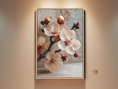 Framed cherry blossom canvas art in soft peach and warm brown tones. This botanical artwork brings minimalist elegance to any space. A perfect spring decor gift idea.