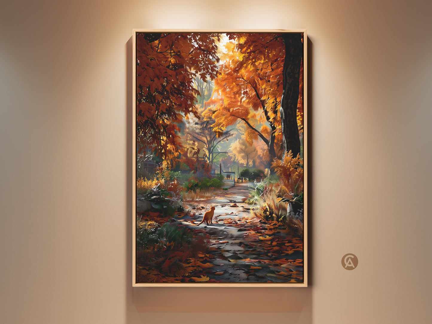 Experience the allure of autumn with this framed artwork. A ginger cat sits on a leaf-strewn path. Sunlight filters through vibrant orange foliage. Bring the beauty of fall indoors with this captivating scene