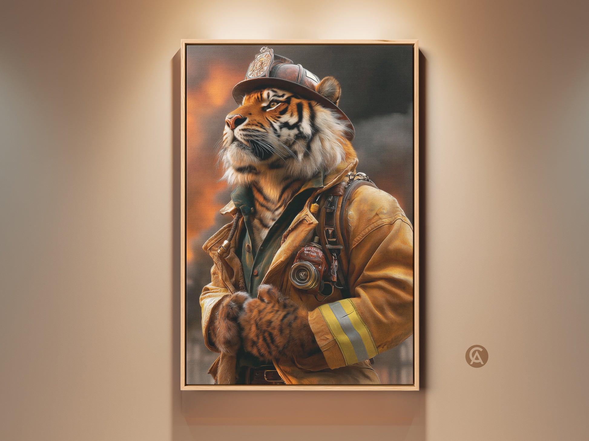 Framed tiger firefighter artwork. This photorealistic painting features a tiger in full firefighter gear. The art print has warm oranges browns and yellows. It would make a bold statement in an office or home setting. A perfect gift for firefighter fans.