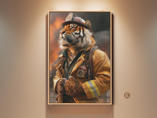 Framed tiger firefighter artwork. This photorealistic painting features a tiger in full firefighter gear. The art print has warm oranges browns and yellows. It would make a bold statement in an office or home setting. A perfect gift for firefighter fans.