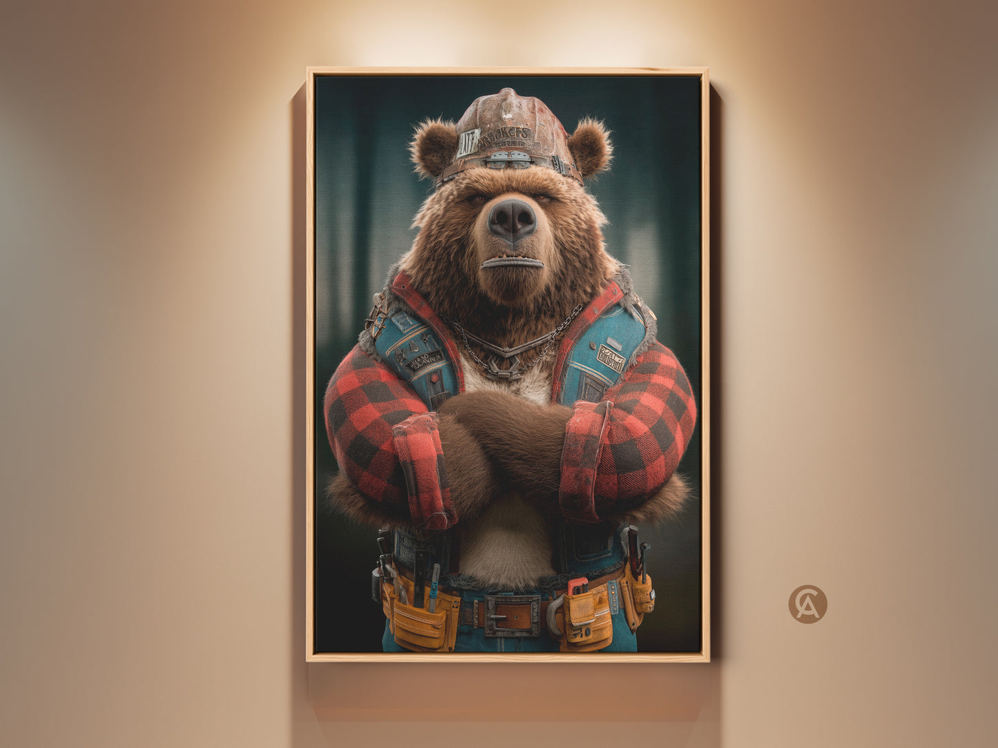 Framed Industrial Bear Art Print This rustic digital artwork features a construction worker bear. It adds character to a man cave or office This unique animal artwork has a strong industrial vibe. The artwork is framed and ready to hang