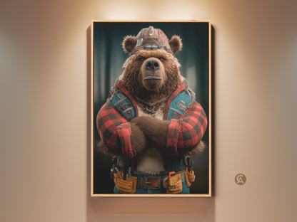 Framed Industrial Bear Art Print This rustic digital artwork features a construction worker bear. It adds character to a man cave or office This unique animal artwork has a strong industrial vibe. The artwork is framed and ready to hang