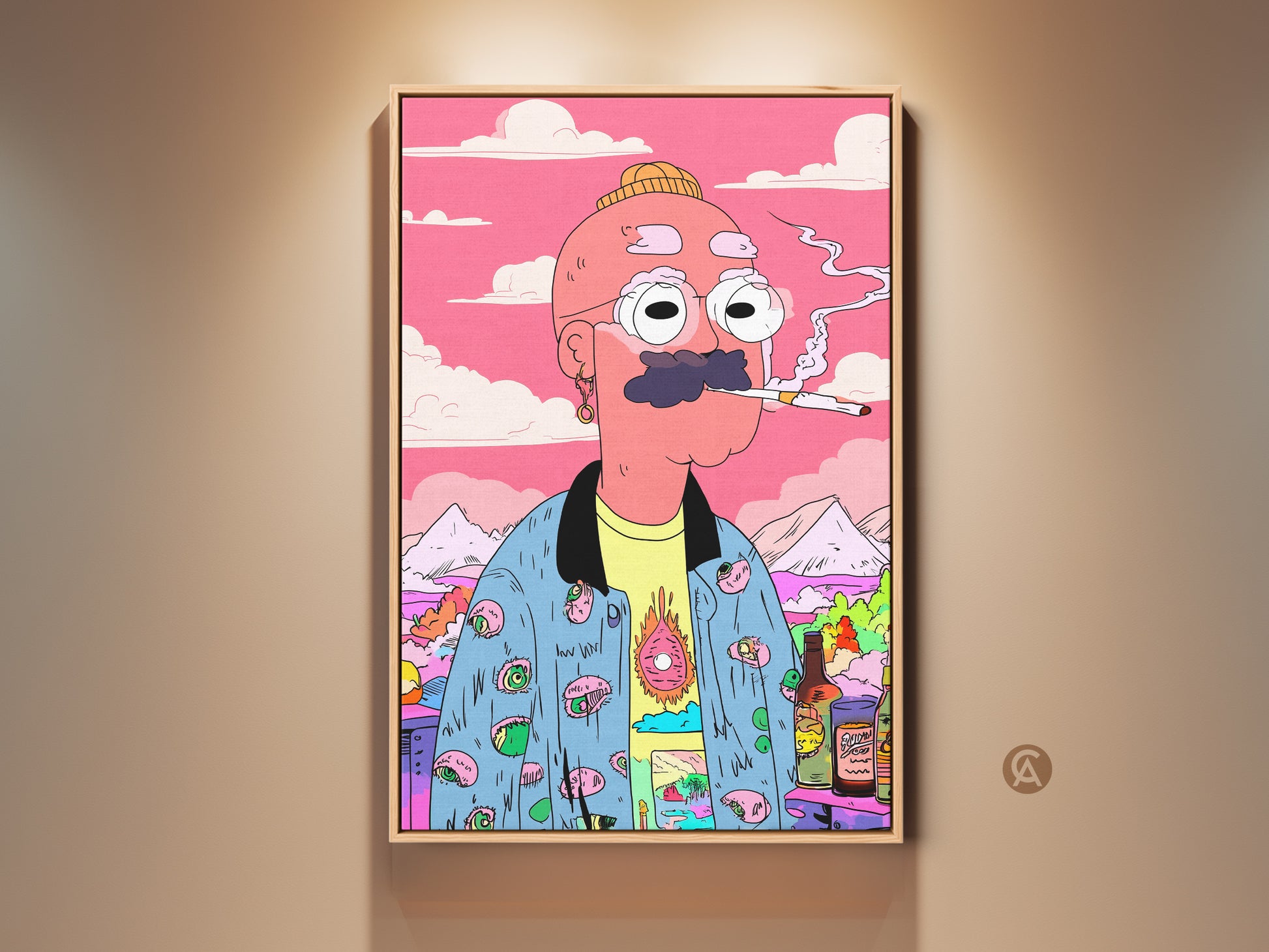 Framed canvas art of a quirky man smoking a cigarette. This unique artwork features a colorful cartoon style. The man has glasses a mustache and a beanie. Add a touch of humor to your wall decor with this eye-catching print. Perfect for art lovers seeking unique wall art.