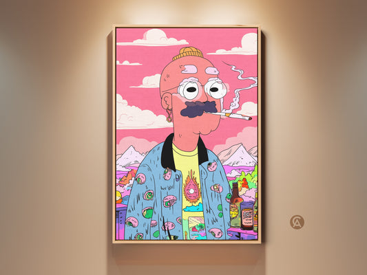 Framed canvas art of a quirky man smoking a cigarette. This unique artwork features a colorful cartoon style. The man has glasses a mustache and a beanie. Add a touch of humor to your wall decor with this eye-catching print. Perfect for art lovers seeking unique wall art.