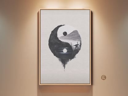 Framed Yin Yang Wolf Canvas Art enhances a living space. Minimalist Ink Wash style is visible. Black and white tones create balance. It brings nature and spirituality together. Perfect zen decor for home or office. A thoughtful gift for mindfulness.