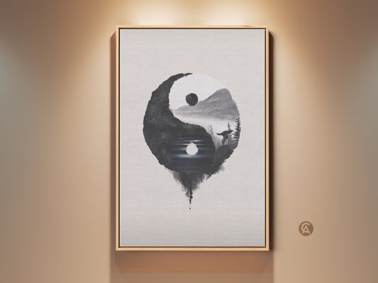 Framed Yin Yang Wolf Canvas Art enhances a living space. Minimalist Ink Wash style is visible. Black and white tones create balance. It brings nature and spirituality together. Perfect zen decor for home or office. A thoughtful gift for mindfulness.
