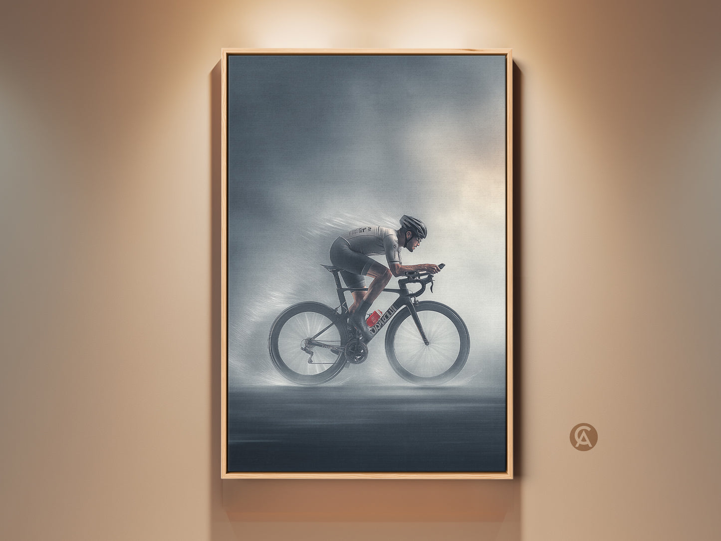 Modern art print featuring a road cyclist in dynamic motion. This charcoal silver cycling decor is showcased in a frame. Ideal office or gym canvas art. The artwork captures the intensity of the sport. A perfect gift for a cycling enthusiast man cave or professional office space.