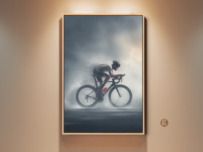 Modern art print featuring a road cyclist in dynamic motion. This charcoal silver cycling decor is showcased in a frame. Ideal office or gym canvas art. The artwork captures the intensity of the sport. A perfect gift for a cycling enthusiast man cave or professional office space.