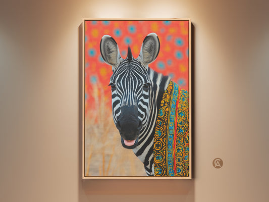 Boho Zebra Wall Art. This African tribal print displays a modern folk animal canvas. The colorful animal artwork is ideal for bedroom decor. It makes a thoughtful housewarming gift. The zebra is adorned in a patterned garment with an orange and blue background.