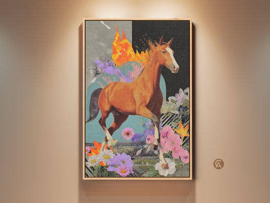 This surreal horse canvas print blends a dynamic horse with abstract floral artwork. The eclectic orange brown and teal art creates a mixed media horse print. This equestrian gift is perfect for her bedroom wall decor. It is a captivating animal collage art piece for any room. A unique wall hanging for a horse enthusiast.