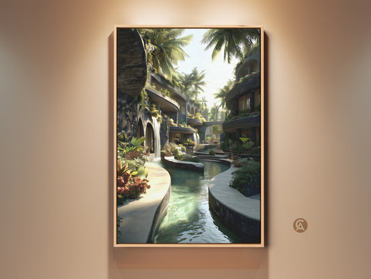 Tropical modern art print on canvas. The biophilic waterfall and palm tree architecture add unique wall decor. Green and blue hues create a tranquil resort feel. Perfect for a bedroom or living space. Bring nature indoors with this eclectic artwork. A great housewarming gift for travel lovers.