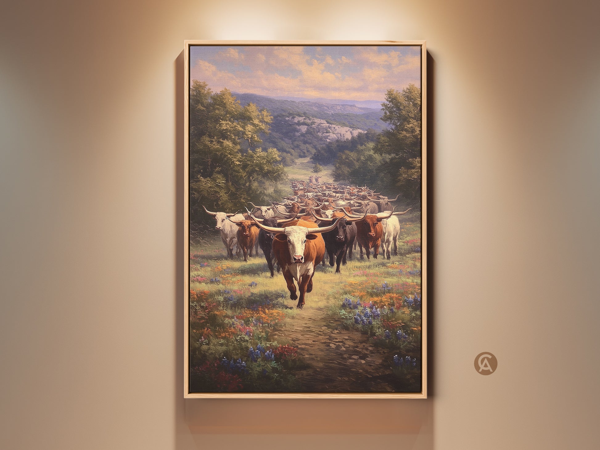 Framed farmhouse western art print. This longhorn cattle artwork features a realistic landscape. It shows a herd in a wildflower field. Enhance your ranch style home decor with this rustic canvas wall hanging.