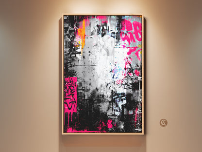 Modern graffiti artwork in a wood frame. The art features bold pink and orange accents on a silver and black background. This contemporary painting brings an urban edge to any space.