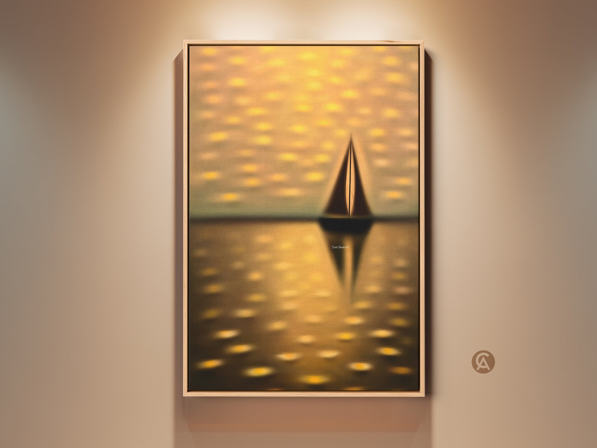 Impressionistic seascape canvas art print. A dreamy nautical artwork features a lone sailboat. Yellow gold hues evoke a coastal aesthetic. Perfect for living rooms or as a housewarming gift.