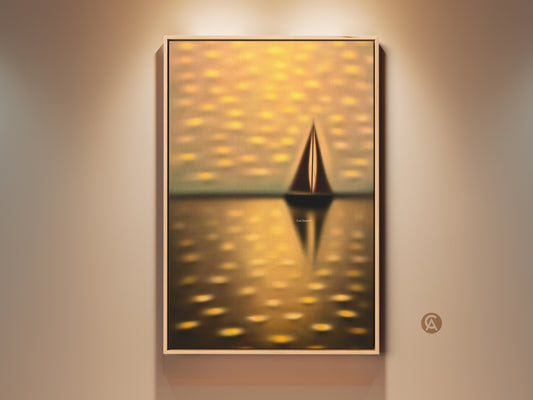 Impressionistic seascape canvas art print. A dreamy nautical artwork features a lone sailboat. Yellow gold hues evoke a coastal aesthetic. Perfect for living rooms or as a housewarming gift.