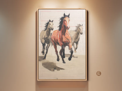 Rustic horse canvas print in an expressionist style. Three running horses are depicted in terracotta and beige tones. This equestrian home decor adds rustic charm. Perfect bedroom wall art.