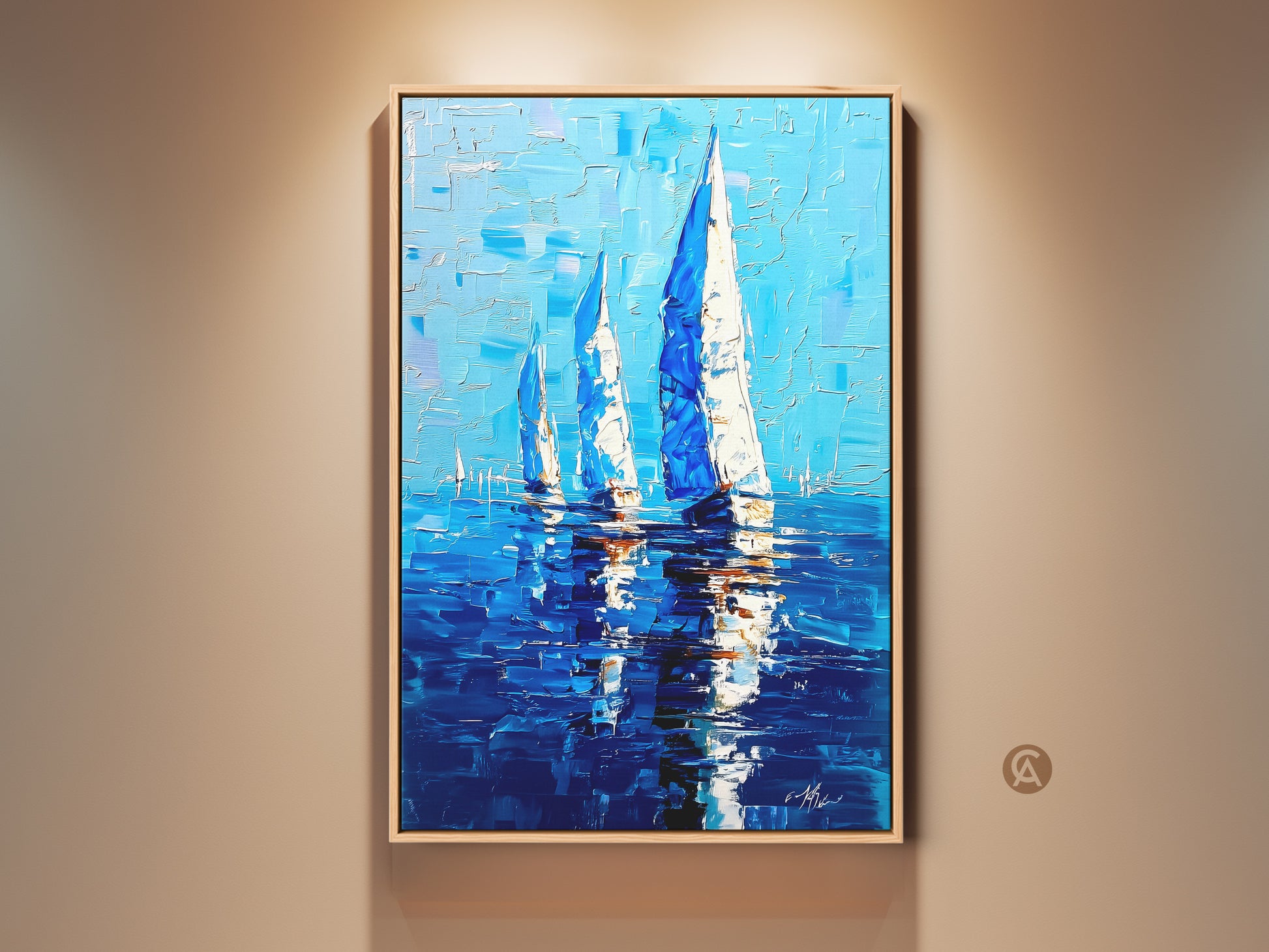 Coastal sailboat art print on display. The deep blue ocean seascape canvas adds nautical wall decor to the bedroom. It's a maritime gift idea. The impressionistic artwork is framed in a natural wood tone. This artwork enhances coastal and maritime home styles. Bring the sea into your home with this refined art.