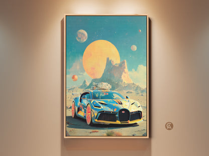 Cyberpunk sports car art print showcased in a floating frame. The retro futurism car canvas features a teal orange palette. This sci-fi vehicle artwork adds an eclectic touch as office wall art. It is a unique gift for car enthusiasts. Displayed against an alien planet landscape this piece is sure to impress.