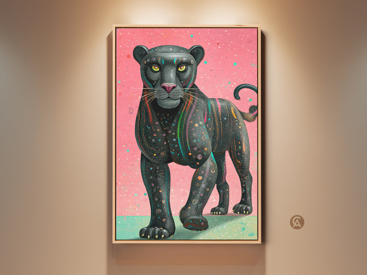 Framed pink teal geometric panther art is on full display. This contemporary wildlife canvas print showcases abstract animal artwork perfect for an eclectic home setting. The black panther artwork adds a touch of modern sophistication. It's great for animal lovers seeking bold feline wall decor. Add a unique piece to any room with this artistic animal painting.