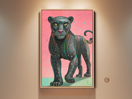 Framed pink teal geometric panther art is on full display. This contemporary wildlife canvas print showcases abstract animal artwork perfect for an eclectic home setting. The black panther artwork adds a touch of modern sophistication. It's great for animal lovers seeking bold feline wall decor. Add a unique piece to any room with this artistic animal painting.
