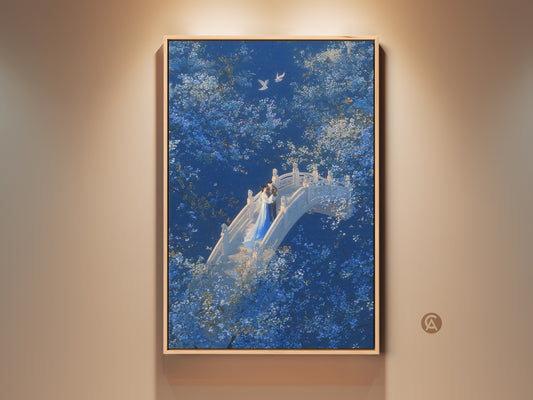 Fantasy Nature Wall Art features a romantic couple on a bridge. Deep blue and white art creates a dreamy scene. It's an ideal anniversary gift for couples or bedroom decor. The artwork captures love and tranquility. Consider this romantic home gift to brighten your space.